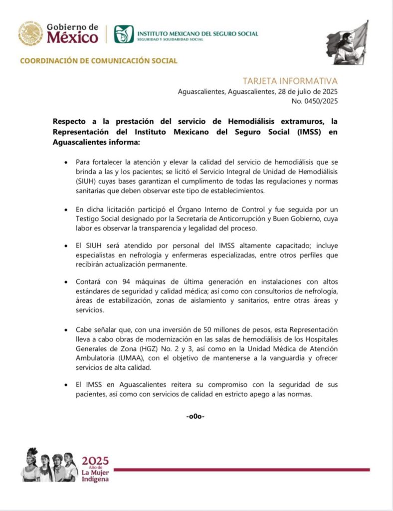 comunicado sobre el Servicio Integral de Unidad de Hemodiálisis (SIUH)